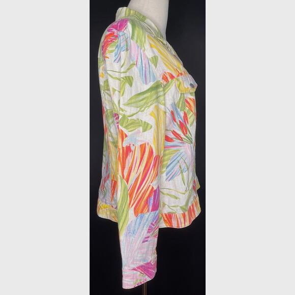 Chico's women button up jacket floral tropical Hawaii long sleeve linen blend 3 - Picture 3 of 11